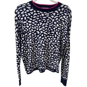 Anthropologie THML LS Navy White Animal Print Sweater With Pink Crew Neckline, L